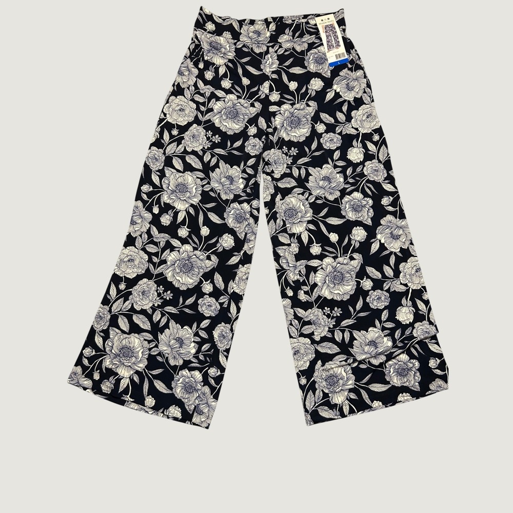 Three Dots Women Navy White Floral Wide Leg Pants Elastic Waist Pockets Size L